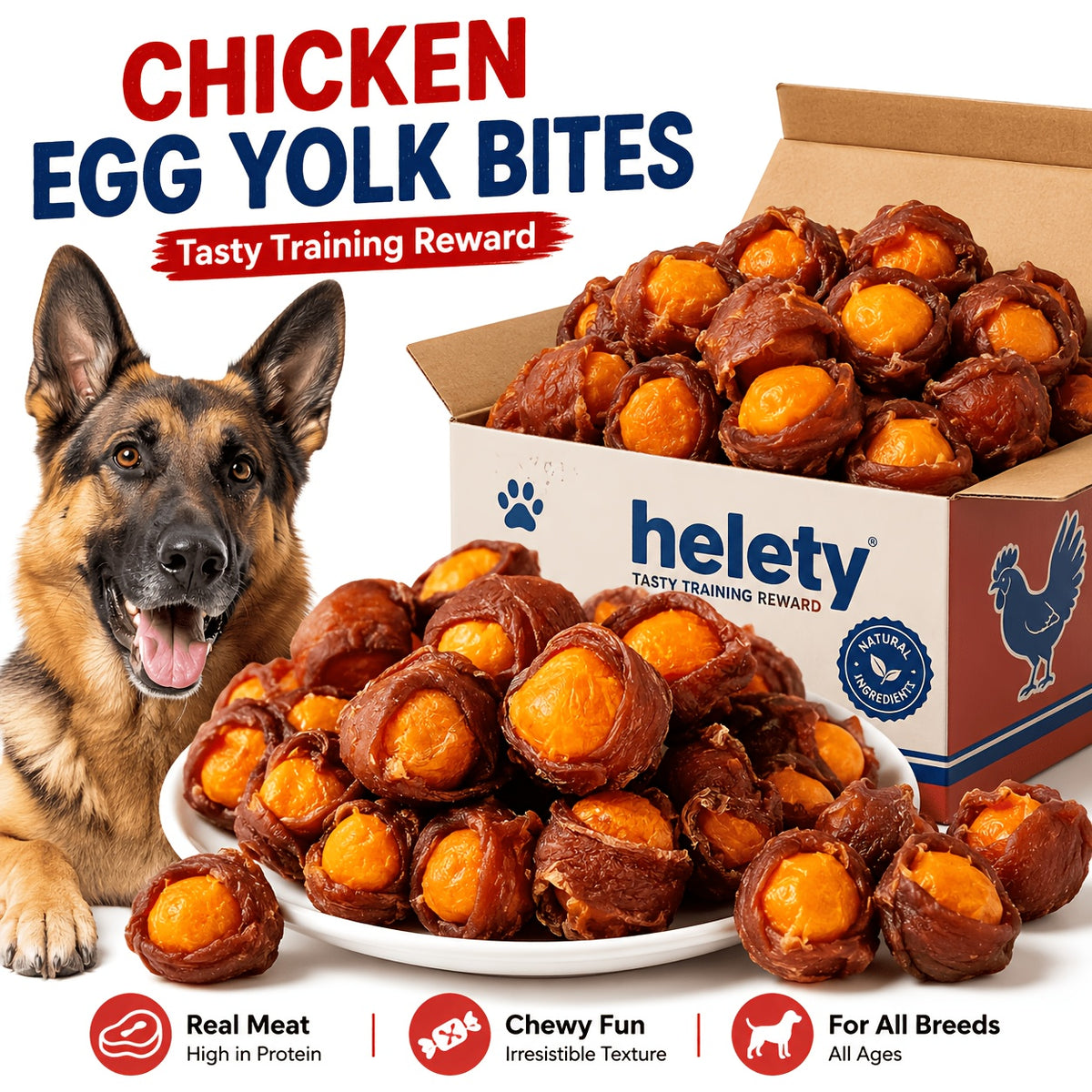 Meat Wrapped Egg Yolk Dog Treats, Chicken or Duck Flavor Chewy Reward Bites in 115g, 255g and 510g Options for Supervised Training and Snack Time