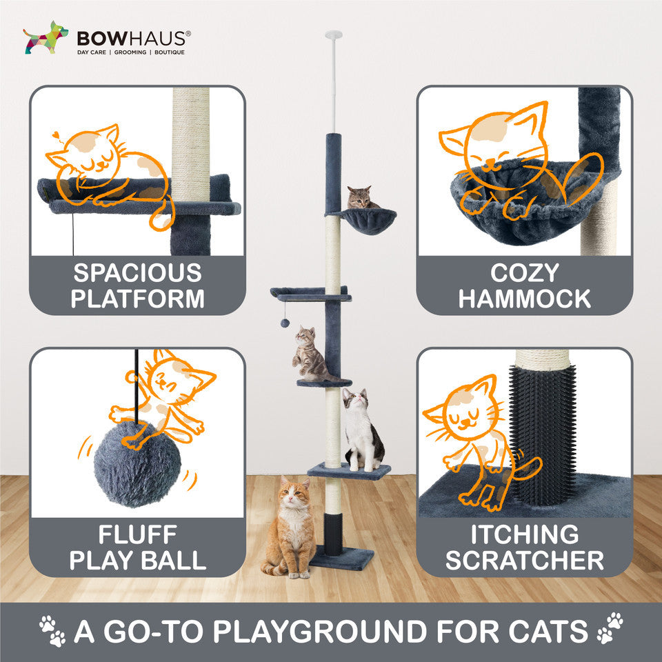 Floor to Ceiling Cat Tree with Hammock, Adjustable Cactus Cat Tower with Sisal Scratching Post, Faux-Fur Platforms and Interactive Playball for Indoor Cats