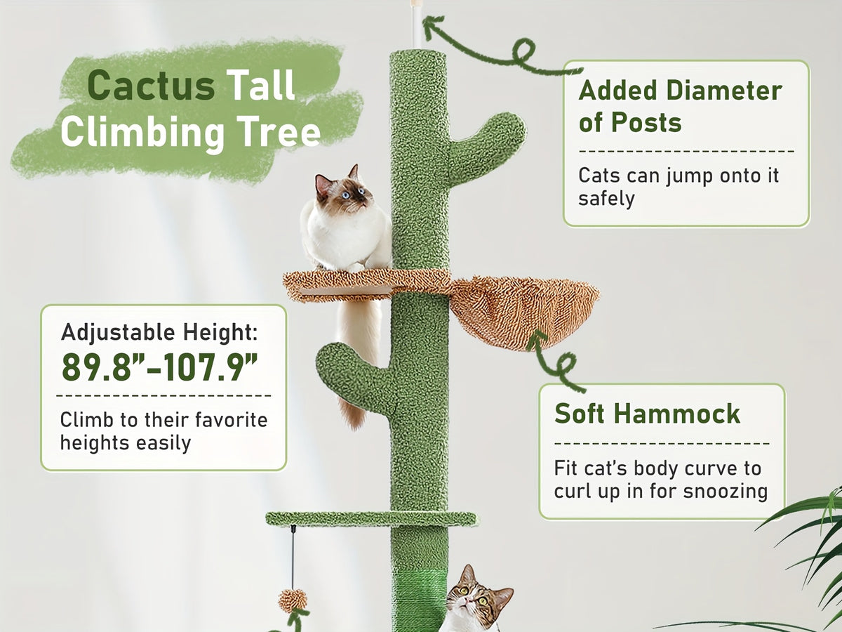 Floor to Ceiling Cat Tree, 90–107 Inch Adjustable 4-Tier Indoor Cat Tower with Tension Rod and Soft Carpet-Style Platforms for Climbing and Rest