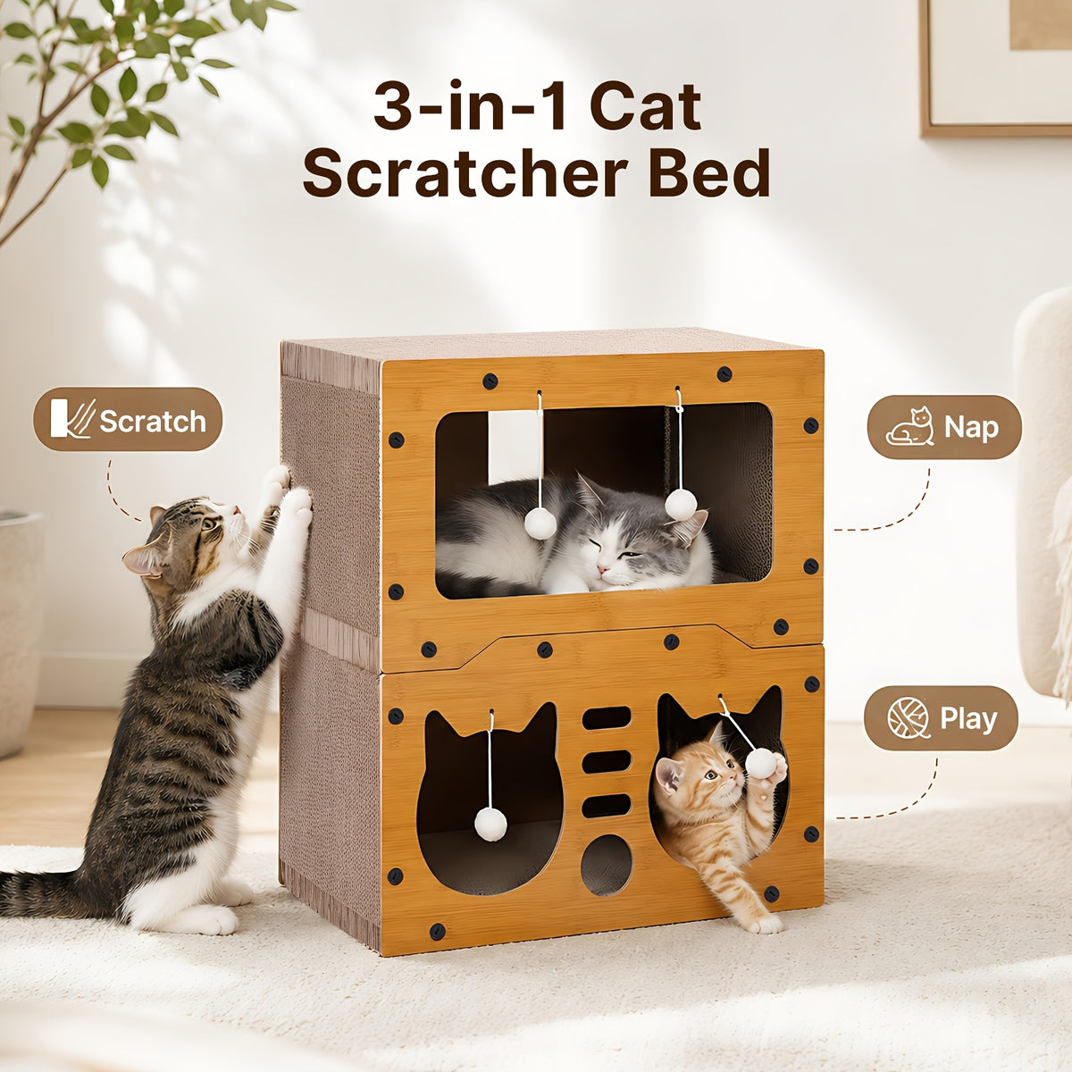 Cardboard Cat House with Scratching Board and Pompom Toy, Indoor Cat Hideout Bed for Scratching and Resting, Single or Double Layer Options