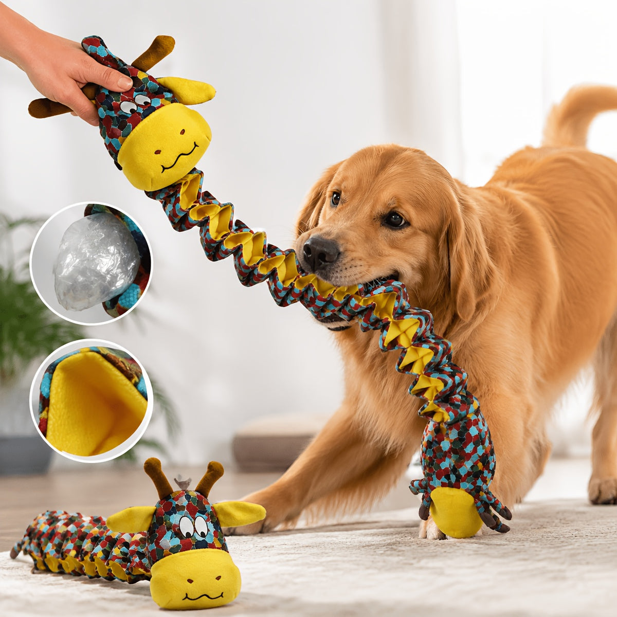 Accordion Cow Dog Toy with Squeaker and Crinkle Paper, Colorful Soft Plush Pull Toy for Supervised Gentle Tug, Fetch and Interactive Indoor Play