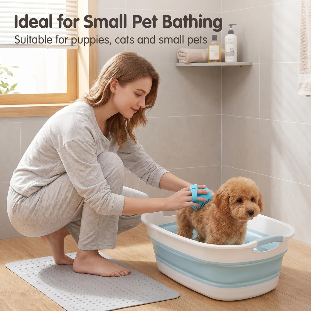 Foldable Dog Bathtub with Drain Plug and Shampoo Dispensing Bath Brush, Portable 21.65-Inch Pet Wash Basin for Small and Medium Pets