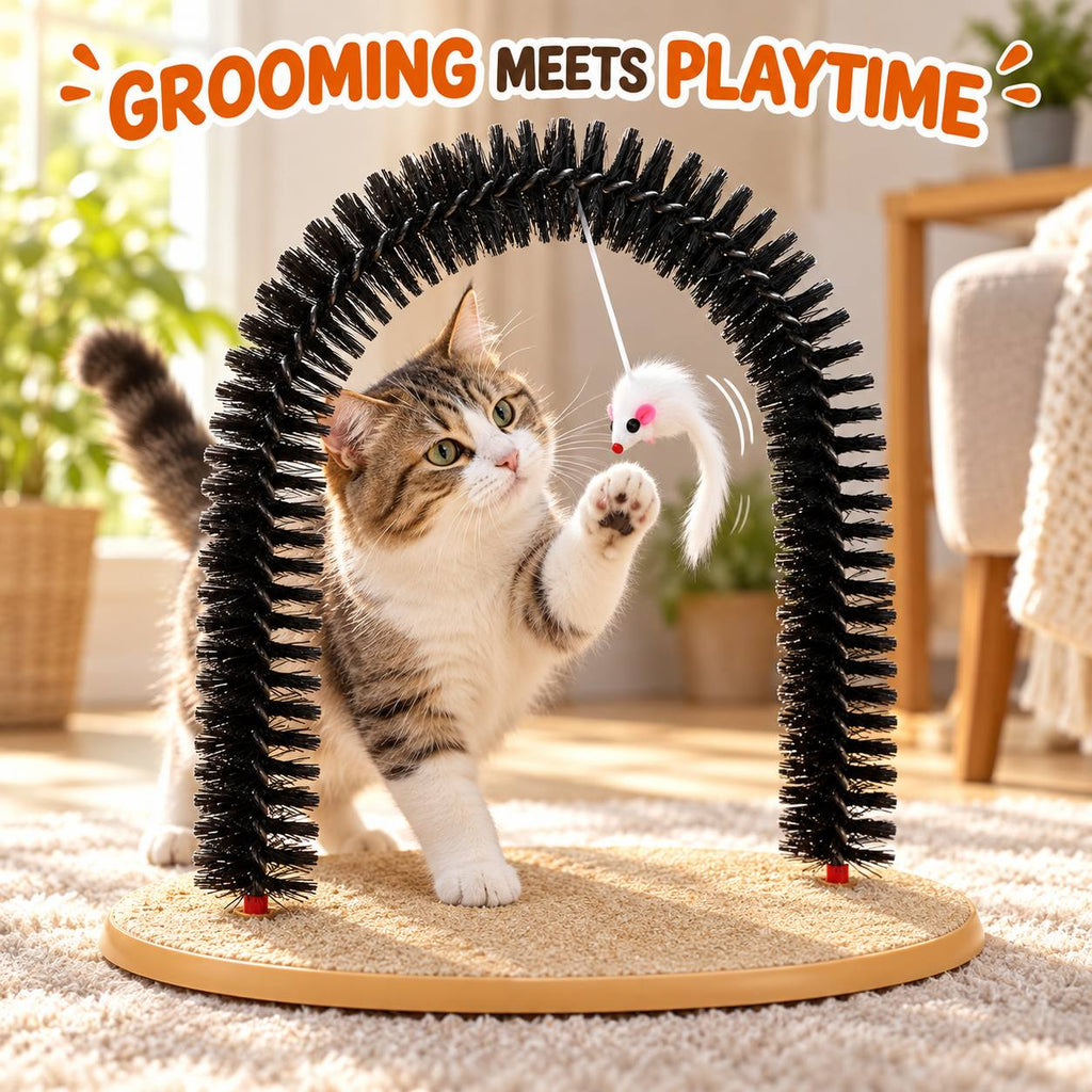 Cat Self Grooming Arch 3-in-1 Activity Station for Rubbing, Scratching and Play, Everyday Cat Enrichment Spot for Home Grooming Routines