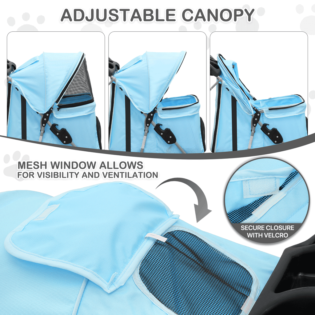 Three-Wheel Dog Stroller with Weather Cover, Foldable Mesh Pet Pushchair for Small Dogs and Cats, Storage Basket, Cup Holder and 10 Style Options