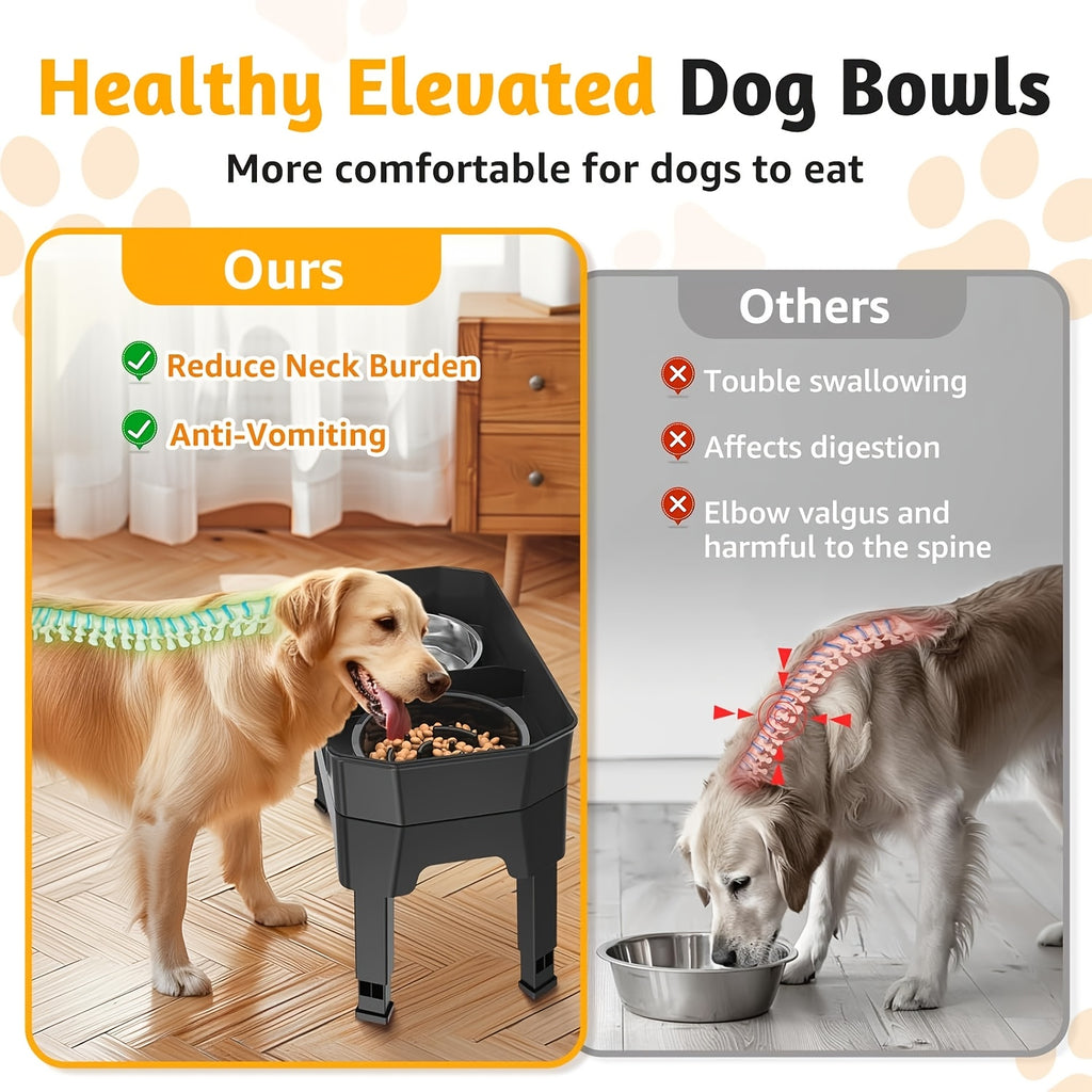 Splash Guard Elevated Dog Bowls with Four Adjustable Heights, Two 53oz Stainless Steel Bowls and Non-Slip Feet for Everyday Food and Water