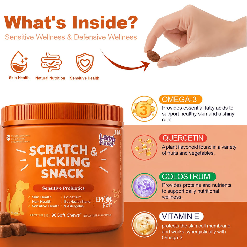 Sheep Flavor Dog Skin and Coat Supplement Chews, 90 Count Chewable Tablets with Listed Probiotics and Omega for Canine Care Routines