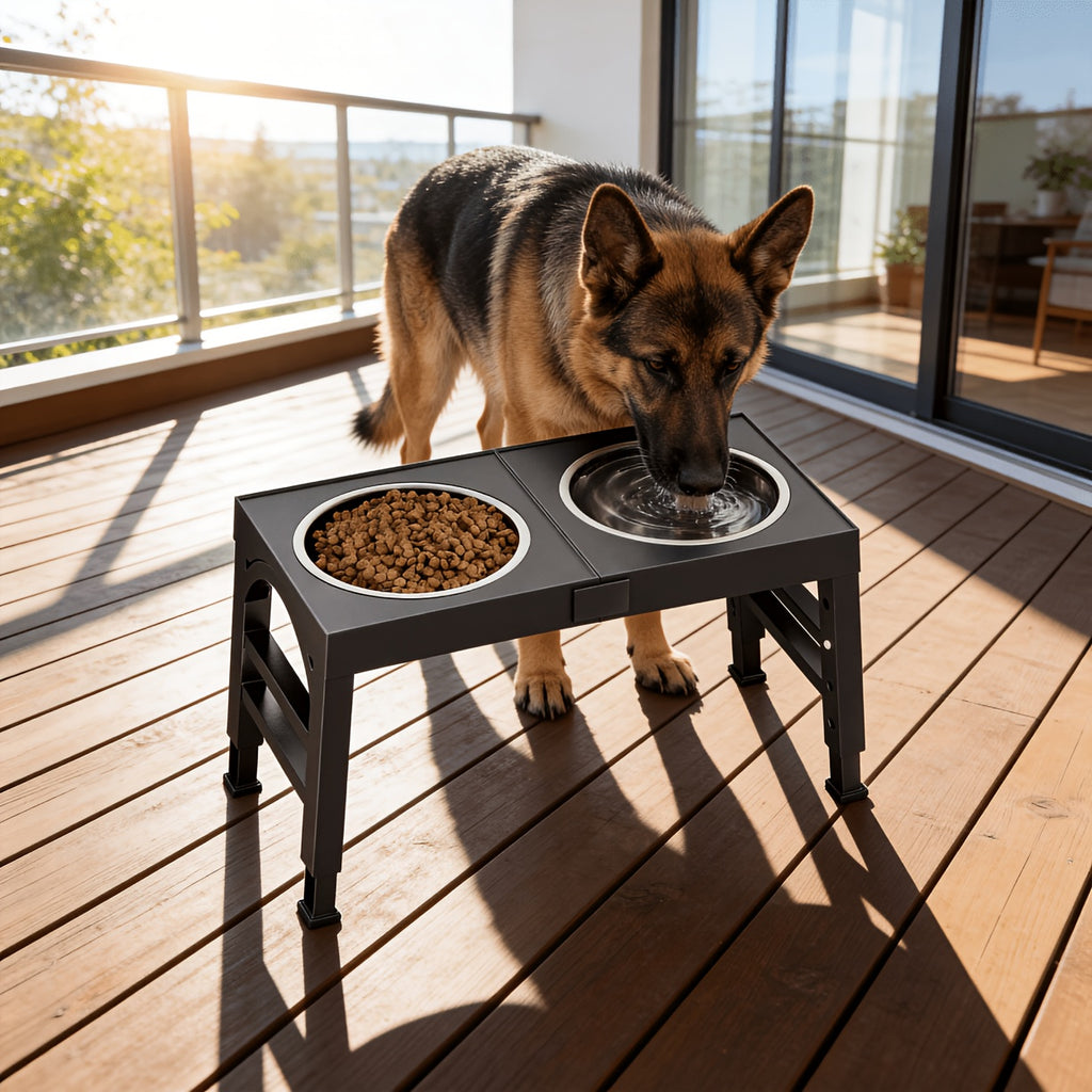 Raised Dog Food and Water Bowls with 4-Height Adjustable Stand, Two Stainless Steel Bowls at 9, 11, 12 or 14 Inches in Four Color Options