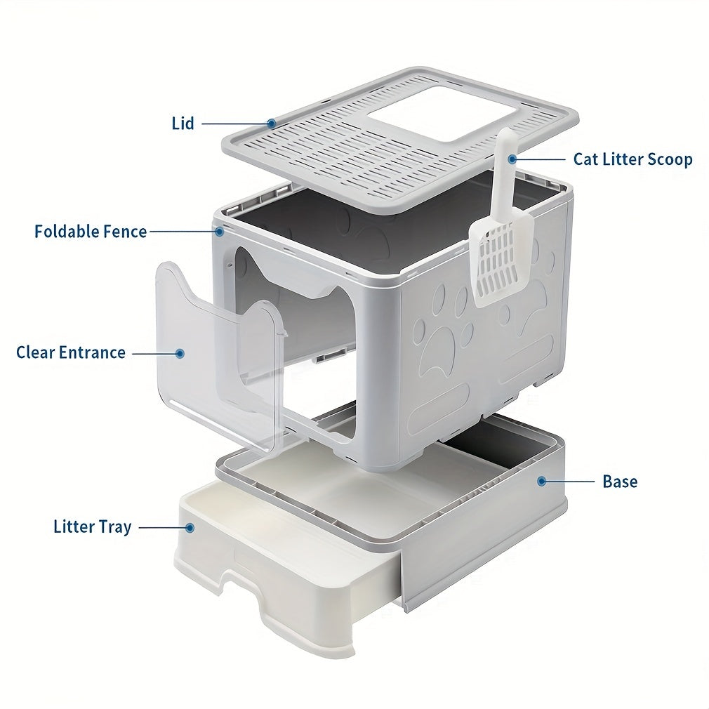 Foldable Cat Litter Box with Drawer Tray and Scoop, Large Plastic Top-Entry Kitty Toilet with Perforated Lid for Indoor Cat Potty Care
