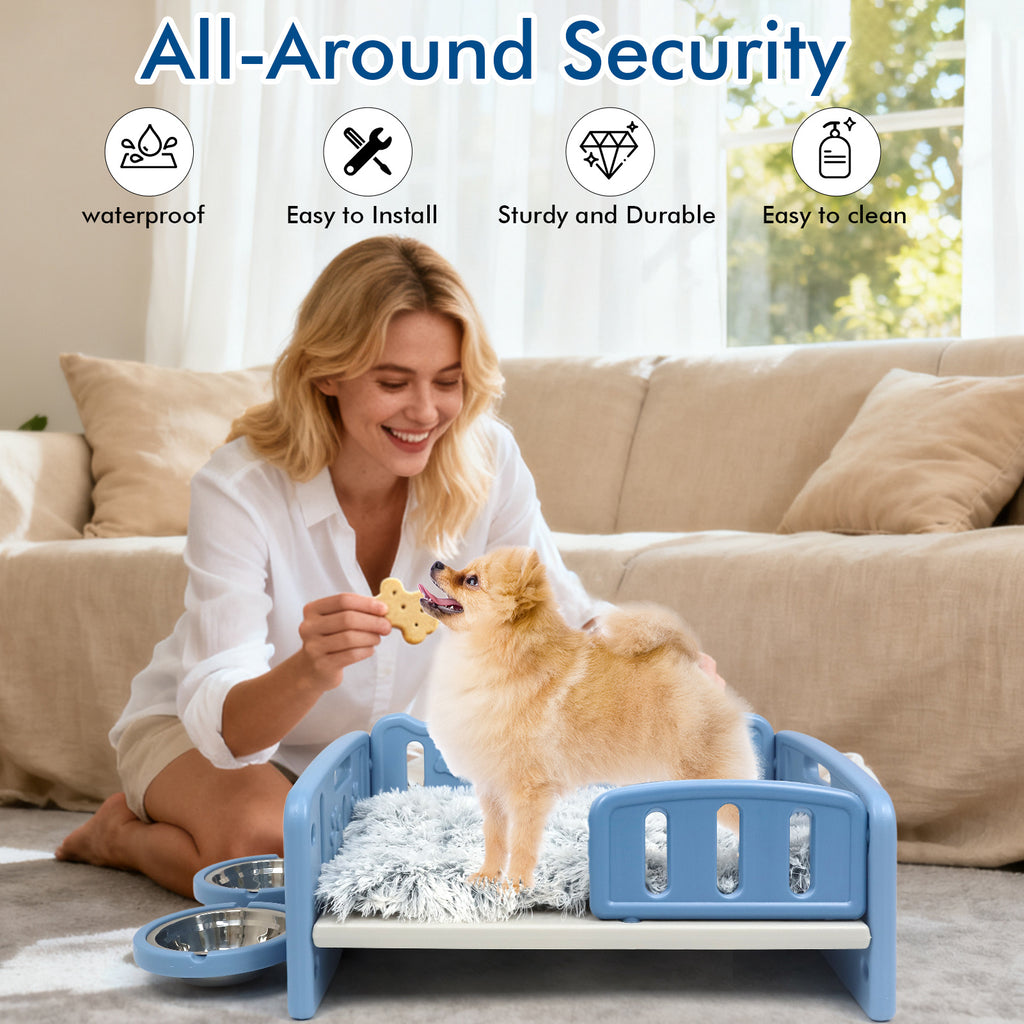 Elevated Dog Bed with Feeding Bowls, Plush Mat and Front Entry, Pink or Blue Pet Sofa with Paw-Print Side Panels for Small to Medium Dogs