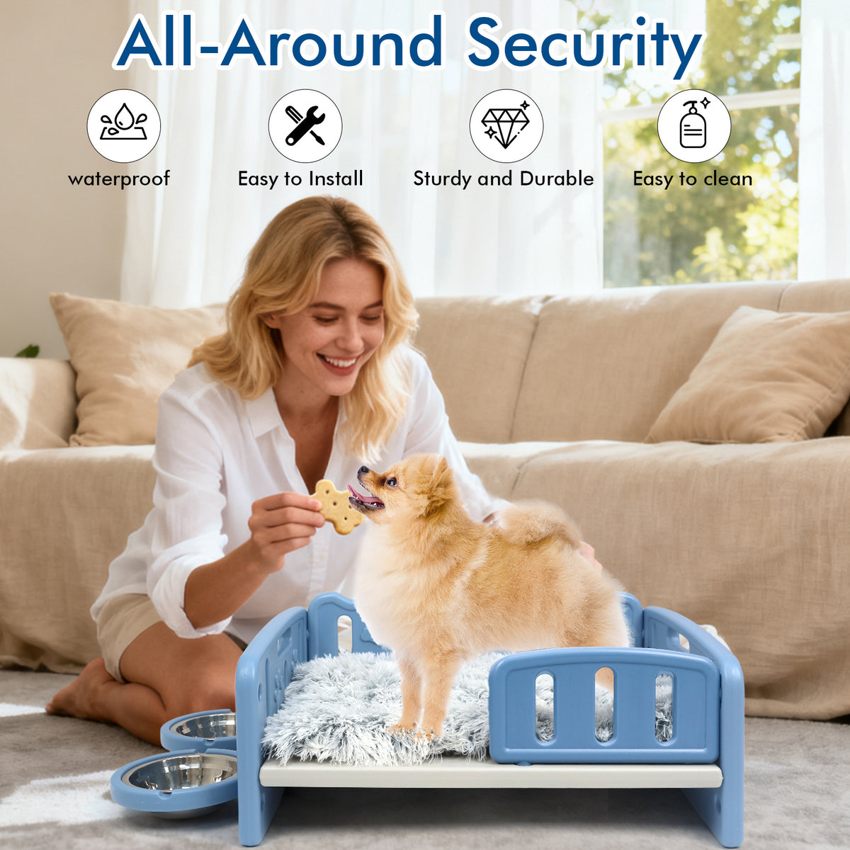 Elevated Dog Bed with Feeding Bowls, Plush Mat and Front Entry, Pink or Blue Pet Sofa with Paw-Print Side Panels for Small to Medium Dogs