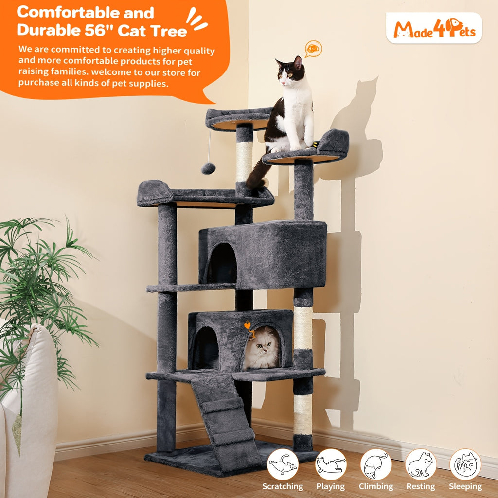 Cat Tree with Two Condo Retreats in Light Grey, Multi-Level Indoor Cat Tower with Scratching Posts and Play Toys for Kittens and Cats to Climb, Rest and Explore
