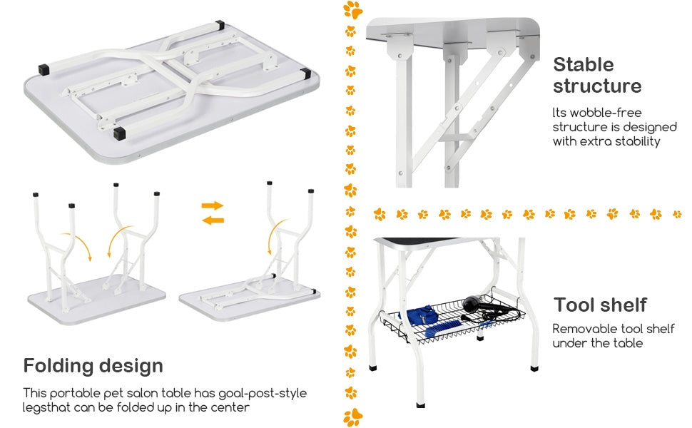 Foldable Dog Grooming Table with Mesh Tool Shelf, Detachable Height Adjustable Arm and Antiskid Surface for Small to Medium Dogs