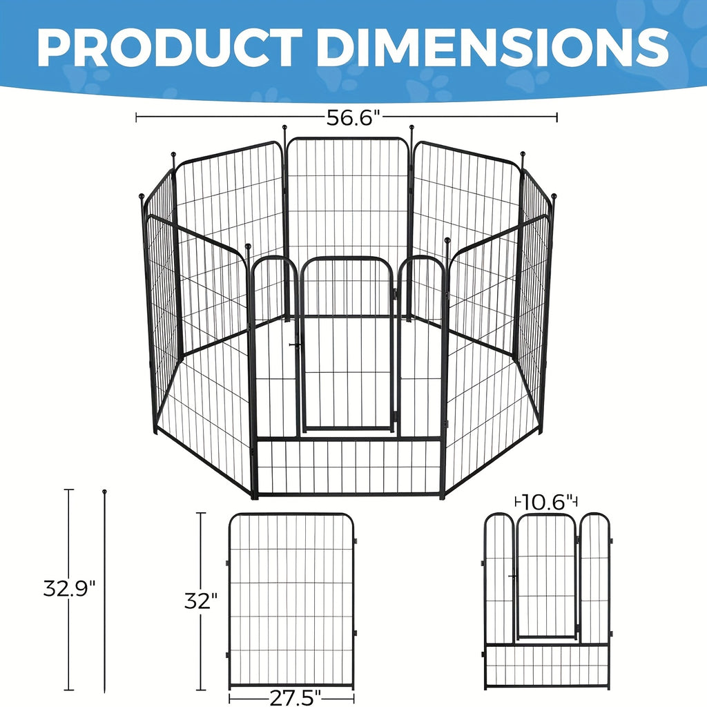 Dog Playpen with Rounded Ground Stakes, 32-Inch 8-Panel Black Pet Fence for Small and Medium Dogs, Tool-Free Indoor Outdoor RV Camping Pen