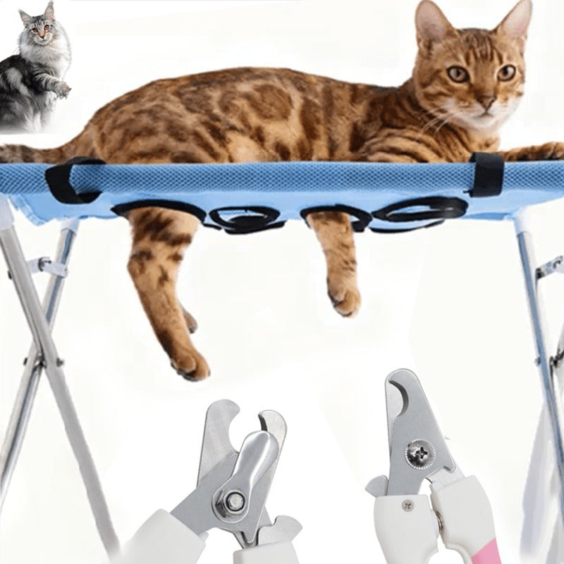 Pet Nail Trimming Hammock Set with Stainless Steel Clippers, 2-Piece Foldable Mesh Grooming Support for Cats and Dogs, Black or Blue for At-Home Care