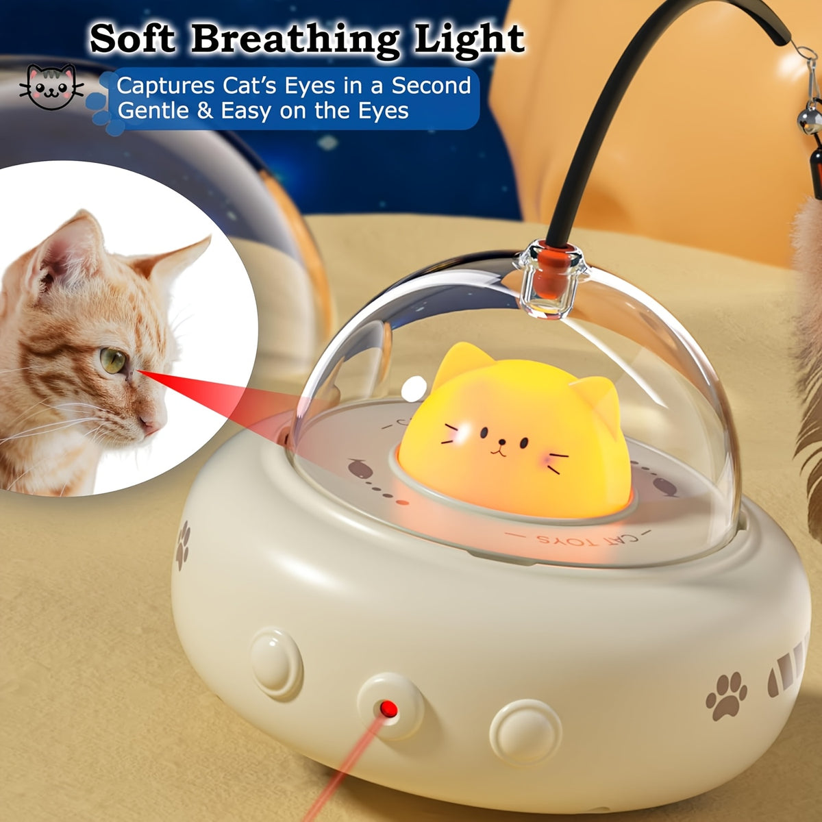 Automatic UFO Cat Toy, 3-in-1 USB Rechargeable Moving Toy with Built-In Laser and Detachable Feather Wand for Indoor Cats and Kittens