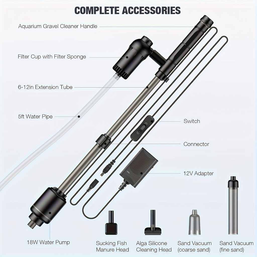 Electric Aquarium Gravel Vacuum Cleaner, 18W 6-in-1 Fish Tank Cleaning Tool with Adjustable Rod, Filter Cup and Hose for Water Changes and Substrate Care