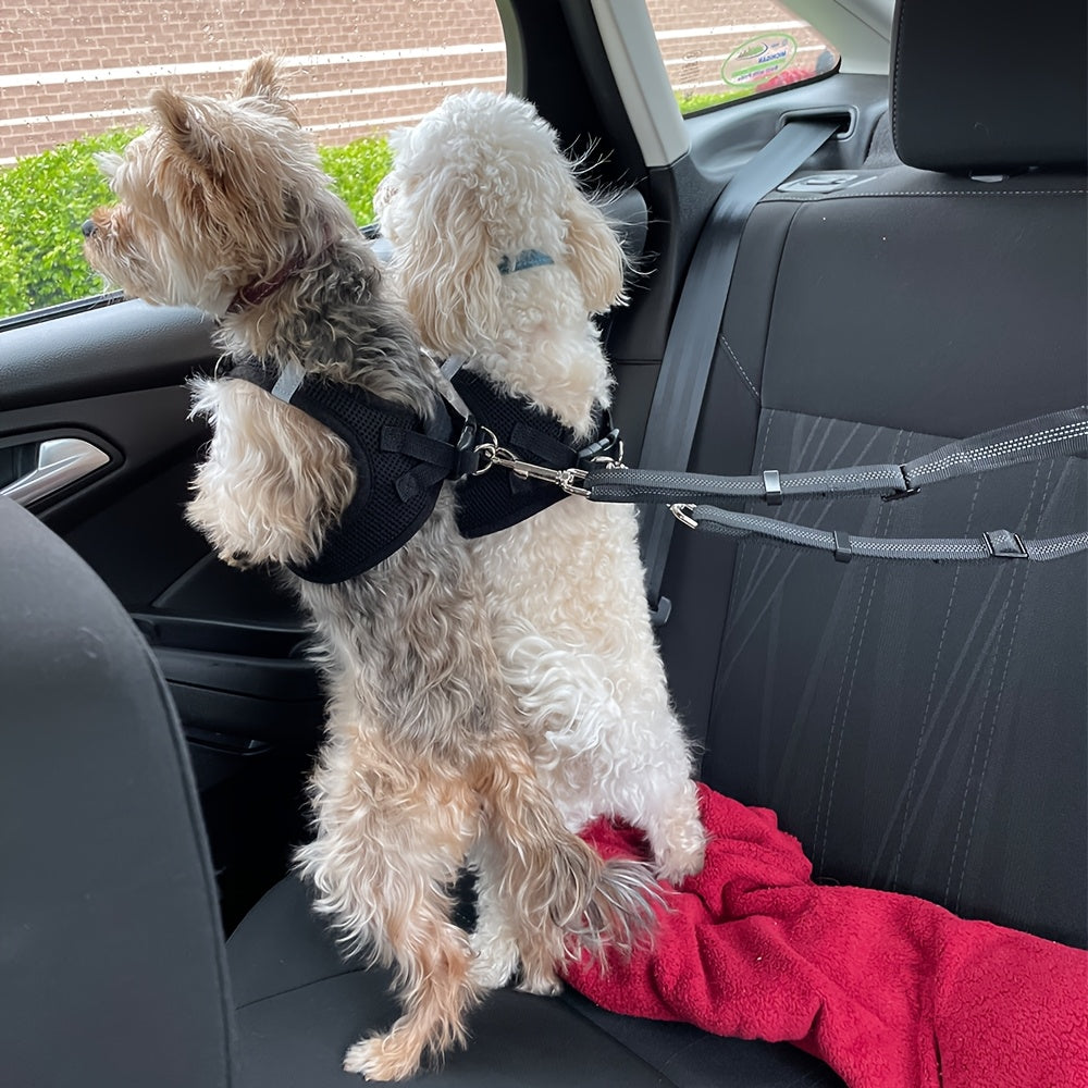 Dual Dog Car Seat Belt with Adjustable Headrest Loop, Two Bungee Tether Straps and Metal Clips for Two-Dog Travel in Red, Rose Red or Black