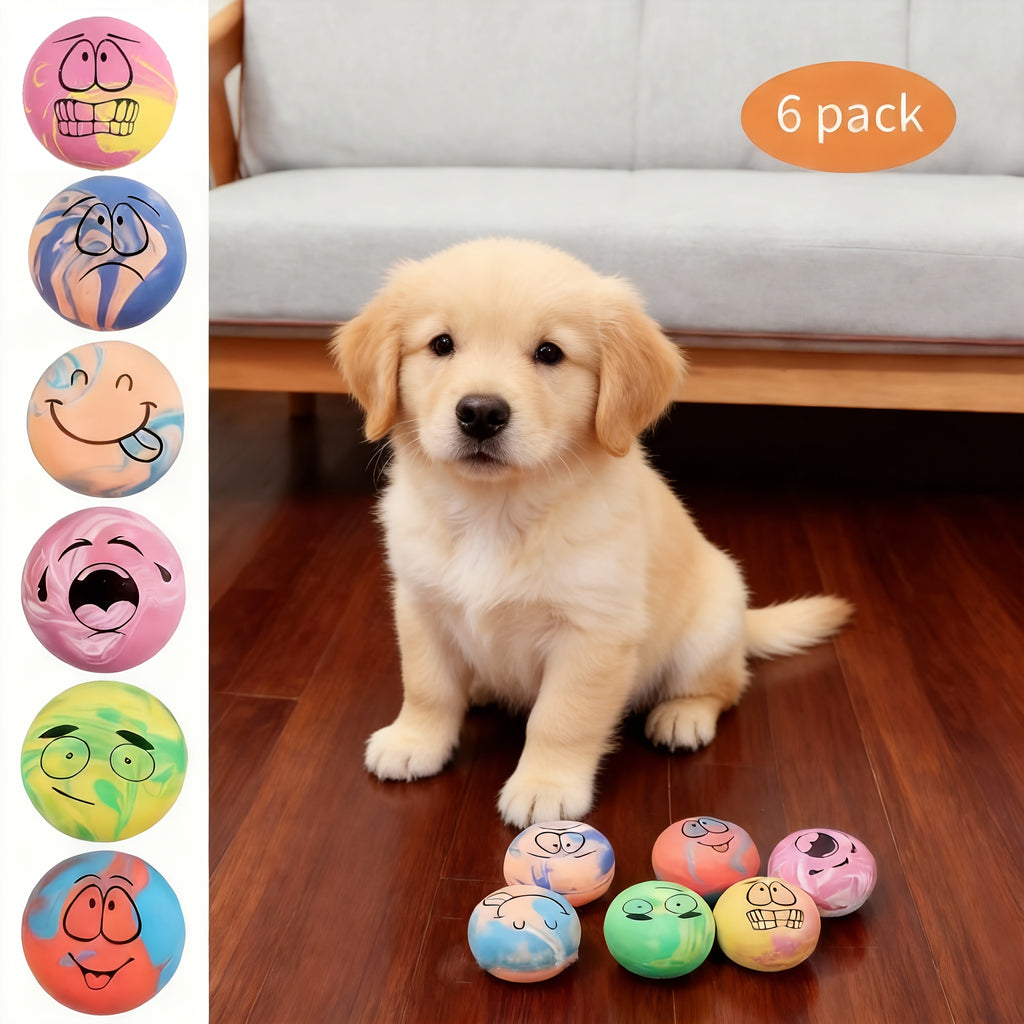 Squeaky Dog Balls with Cartoon Patterns, 6-Pack Soft Latex Bouncy Fetch Toys for Small Dogs, Multicolor Battery-Free Interactive Play Set
