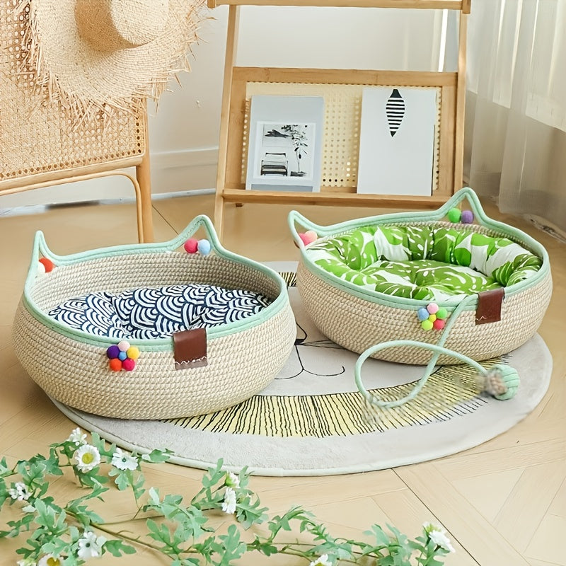 Woven Cat Scratcher Bed with Integrated Cat Nest, Rattan Weave Pet Lounger for Indoor Scratching, Rest and Play, Green or Blue for Cats and Small Dogs