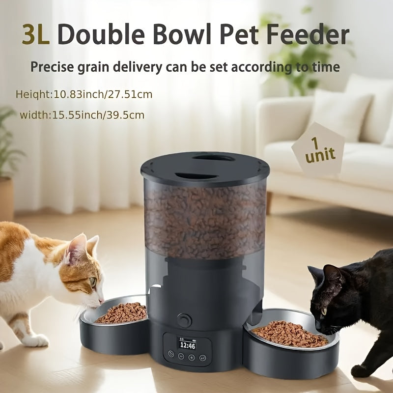 Dual Bowl Automatic Cat Feeder 3L, Button-Control Timed Food Dispenser with 1-6 Daily Feedings and 1-12 Portions per Meal, White for Cats and Dogs