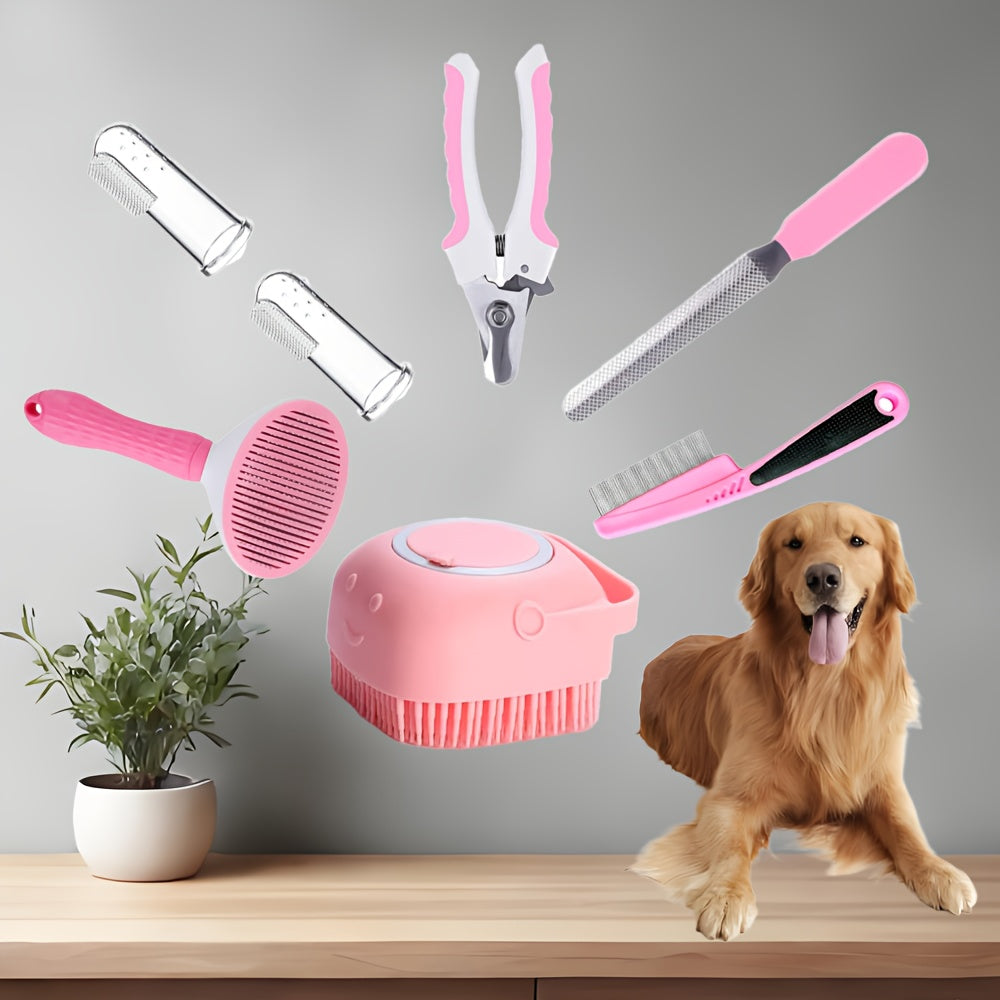 Dog Grooming Tool Set with Self-Cleaning Slicker Brush, Nail Clippers, Comb, Bath Brush and Finger Toothbrushes for At-Home Dog and Cat Care