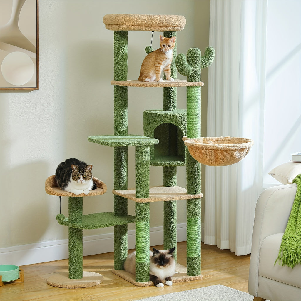 Cat Tree with Twin Perches and Large Hammock, Multi-Level Indoor Cat Tower with Condo Hideaway, Sisal Scratching Posts and Cactus Green Color Option