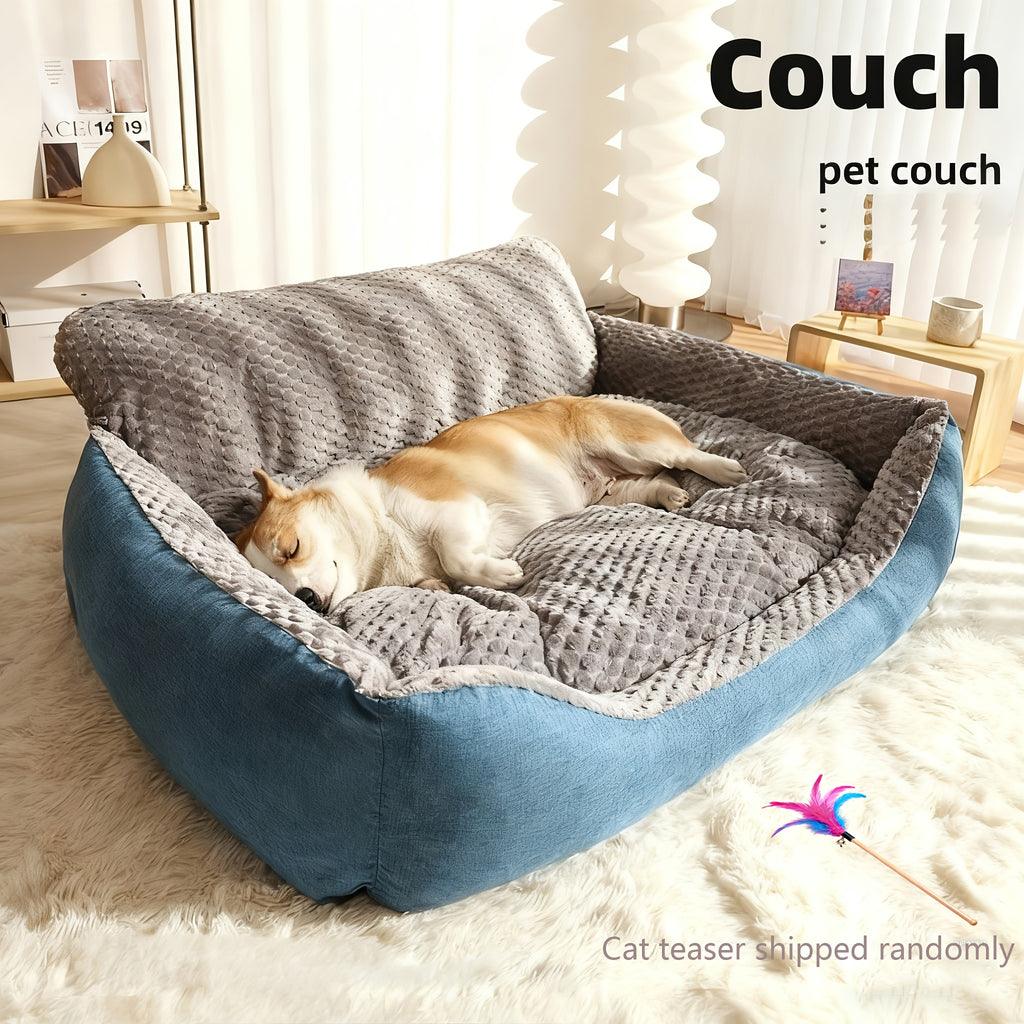 High Back Dog Sofa Bed with Plush Textured Cushion, Blue and Gray Bolster Pet Couch in Four Sizes for Small to Large Dogs and Cozy Indoor Rest
