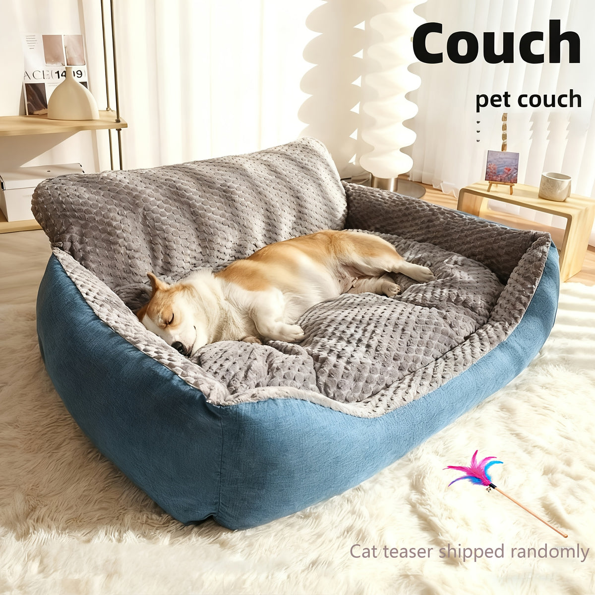 High Back Dog Sofa Bed with Plush Textured Cushion, Blue and Gray Bolster Pet Couch in Four Sizes for Small to Large Dogs and Cozy Indoor Rest