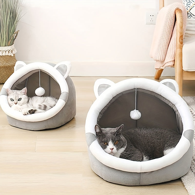 Hooded Cat Cave Bed with Hanging Pom-Pom Toy, Gray Cat-Ear Indoor Sleeping House in Medium Size for Kittens and Cats to Curl Up and Rest