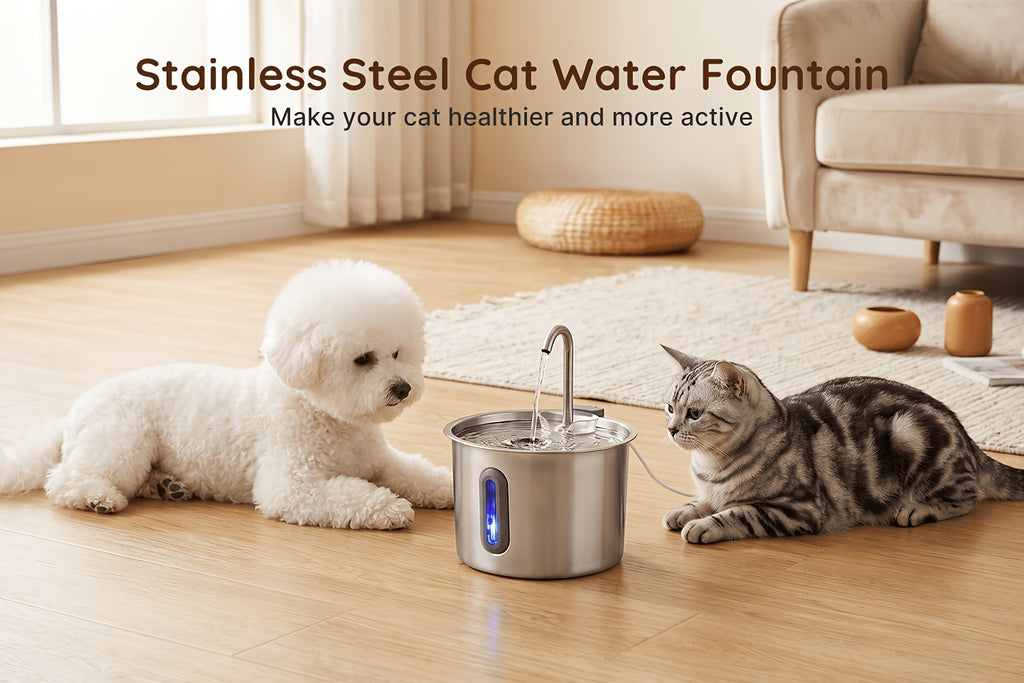 Cat Water Fountain with Filter and Sponge Bundles, 74oz 2.2L Stainless Steel Drinking Dispenser with Water Level Window for Indoor Cats and Small Dogs