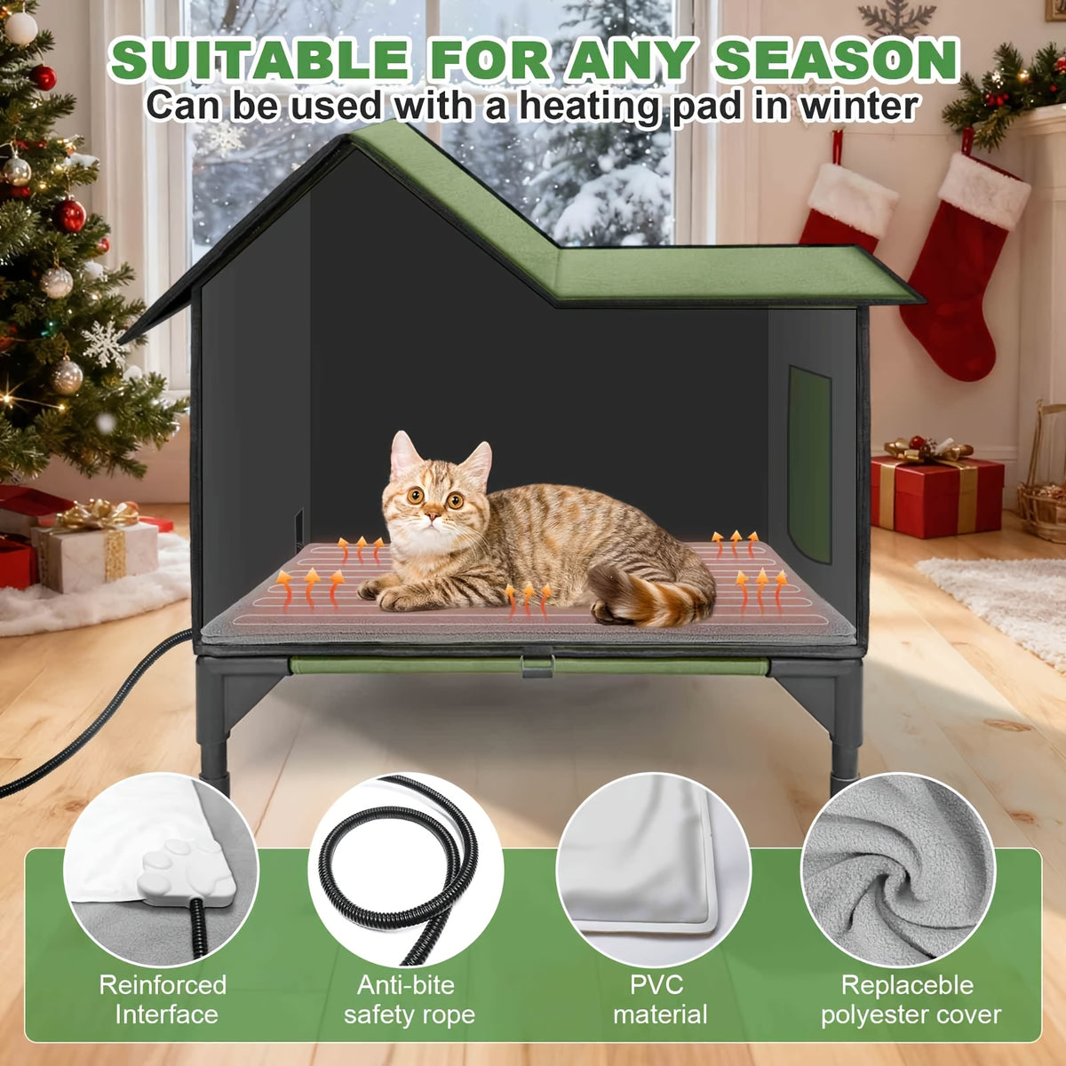 Cat House with Detachable Heating Pad, XL 21 x 17 x 17 Inch Pet Shelter and Elevated Bed for Cats and Small Dogs, Indoor and Outdoor Use