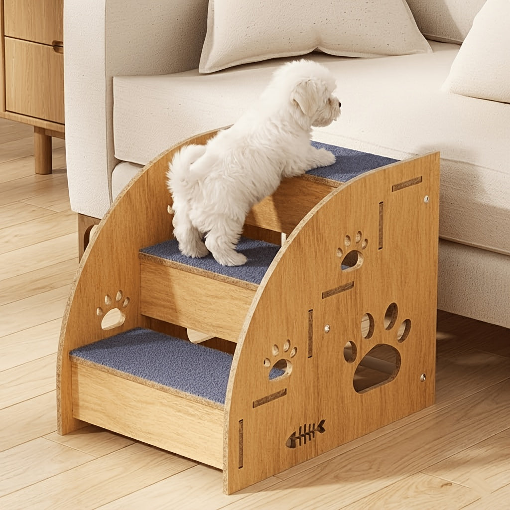 Pet Stairs for Bed and Couch, 15-Inch Three-Tier Dog and Cat Steps with Non-Slip Surface, Side Railings and Compact Ramp-Style Design
