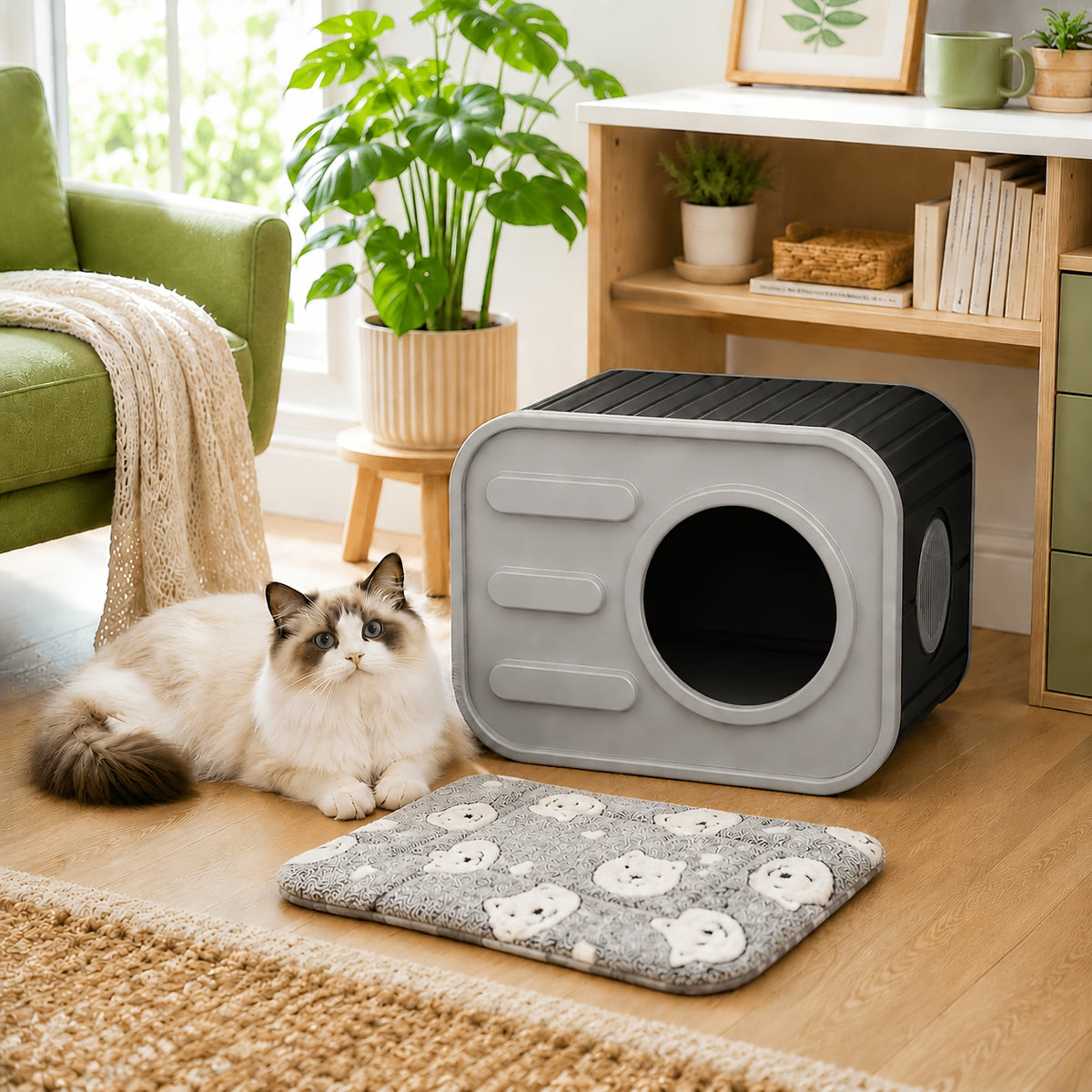 Camera-Shaped Cat House with Side Ventilation, Washable Cat Hideaway in Blue or Black for Indoor and Sheltered Outdoor Use, Optional Cushion