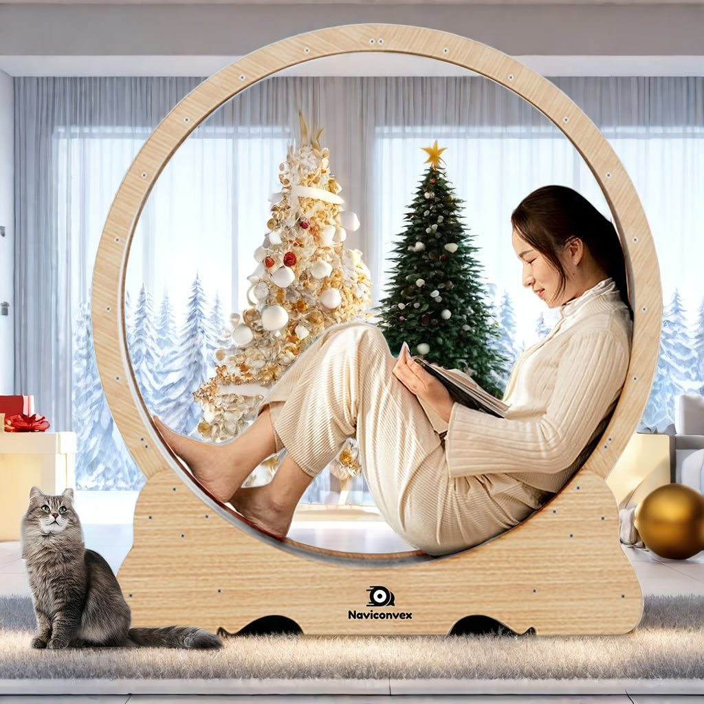 45 Inch Cat Exercise Wheel with Carpeted Runway, Large Wooden Indoor Cat Treadmill for Supervised Activity in Wood, Black or White