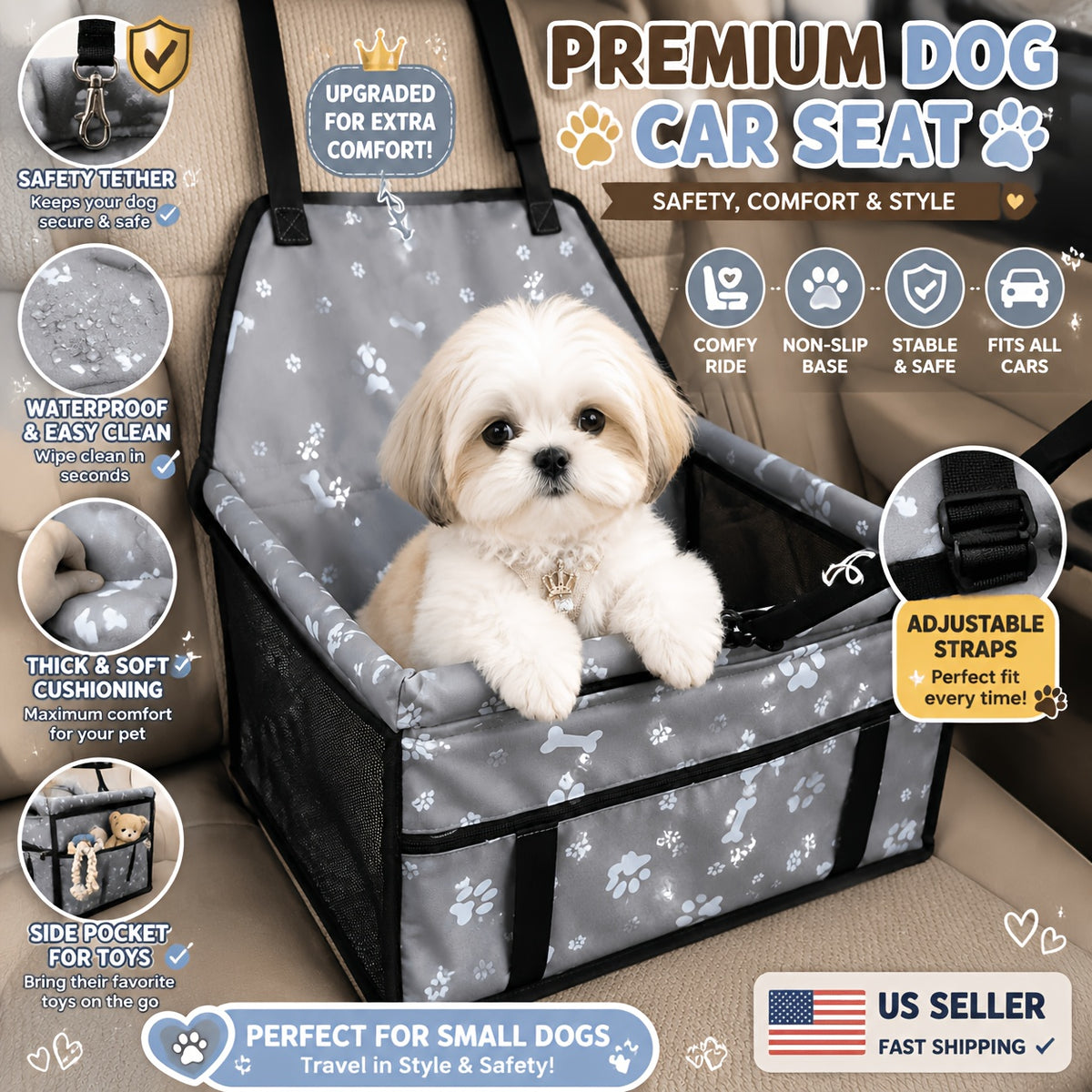 Small Dog Car Booster Seat with Bone Print, Foldable Oxford Pet Travel Carrier with Mesh Sides, Adjustable Straps and Storage Pocket
