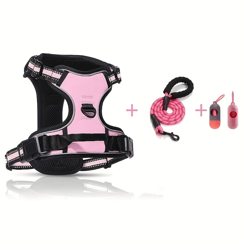Dog Harness 4-Piece Walking Set with Reflective Strips, Adjustable No-Pull Chest and Back Straps and Padded Leash for Small to Large Dogs