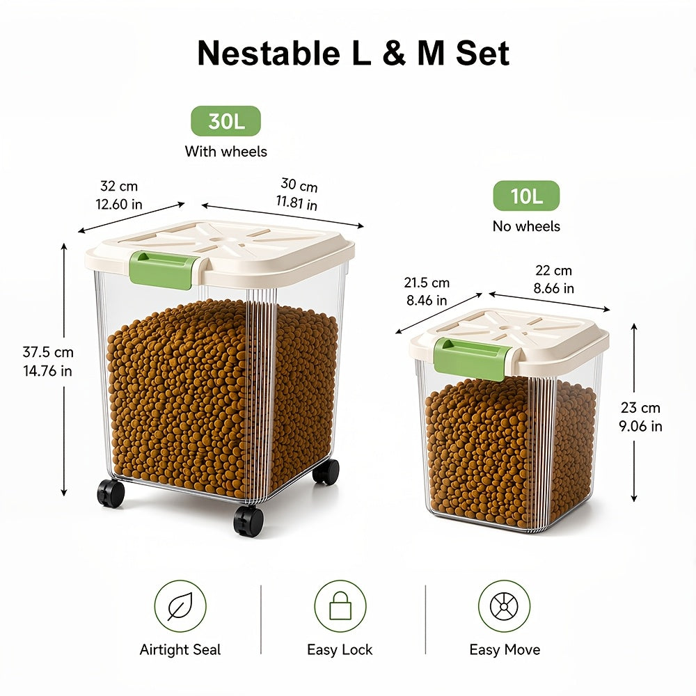 Dog Food Storage Container Set, 2-Piece Airtight Large and Medium Clear Plastic Bins with Rolling Wheels and Measuring Cup for Dry Cat and Dog Kibble