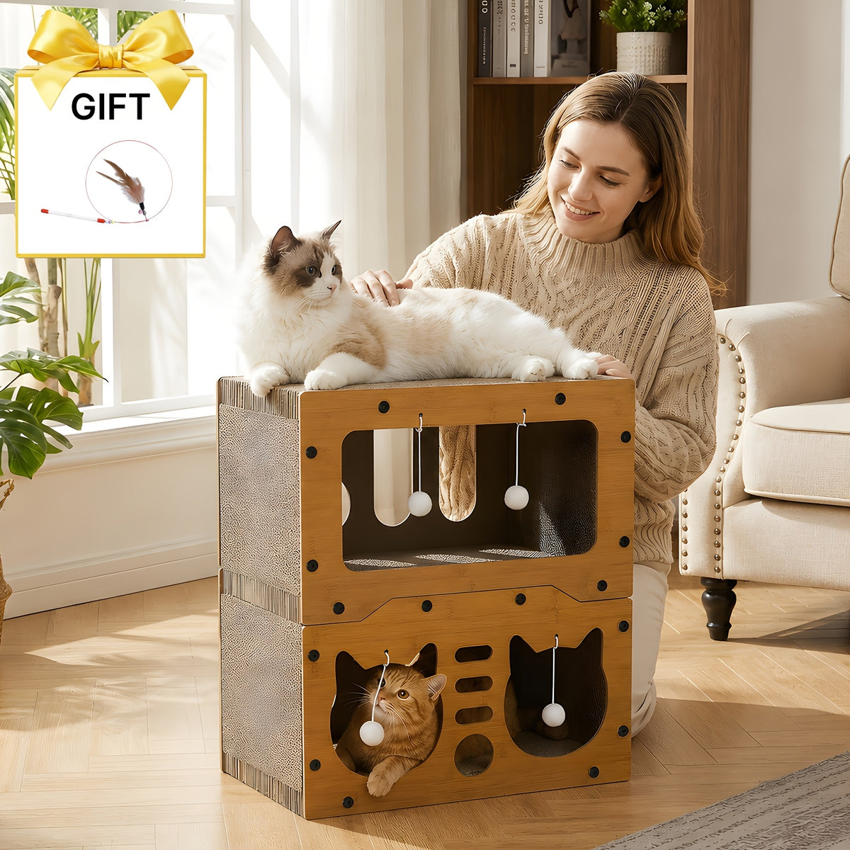 Cardboard Cat House with Scratching Board and Pompom Toy, Indoor Cat Hideout Bed for Scratching and Resting, Single or Double Layer Options