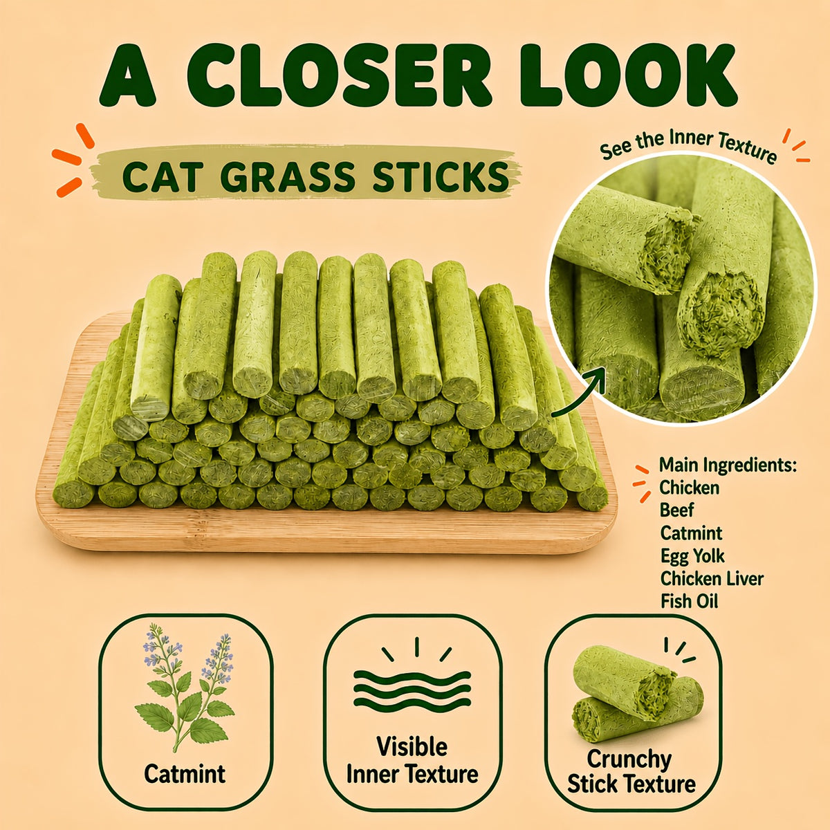 Crunchy Cat Treat Sticks with Chicken and Cat Grass, 2.93 oz Freeze-Dried Cat Snacks for Indoor Cats, Training Rewards and Food Topping