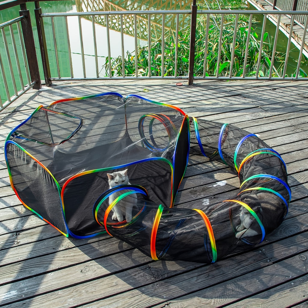 Outdoor Cat Tent with Circle Tunnel, Rainbow Mesh Cat Enclosure and Portable Playpen with Storage Bag for Supervised Indoor and Backyard Play