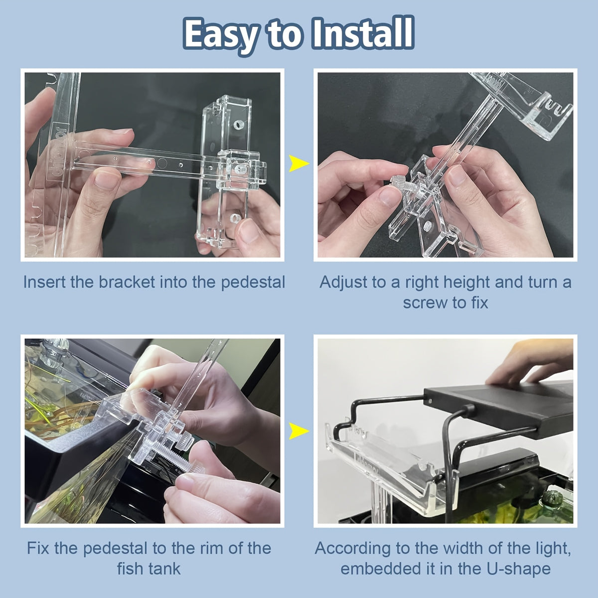 Aquarium Light Riser Kit, Adjustable Clear Acrylic Lamp Holder with Two Supports for 2.5-4.4 Inch Extension Brackets on Open Fish Tanks
