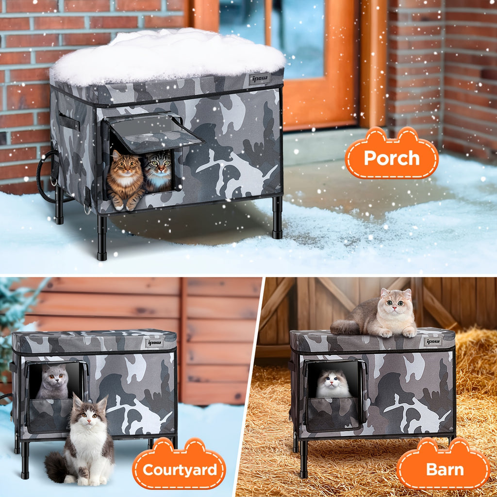 Outdoor Cat House with 900D Oxford Cloth, Gray Six-Layer Insulated Cat Shelter with Heated Plush Mat for Outdoor, Stray and Barn Cats