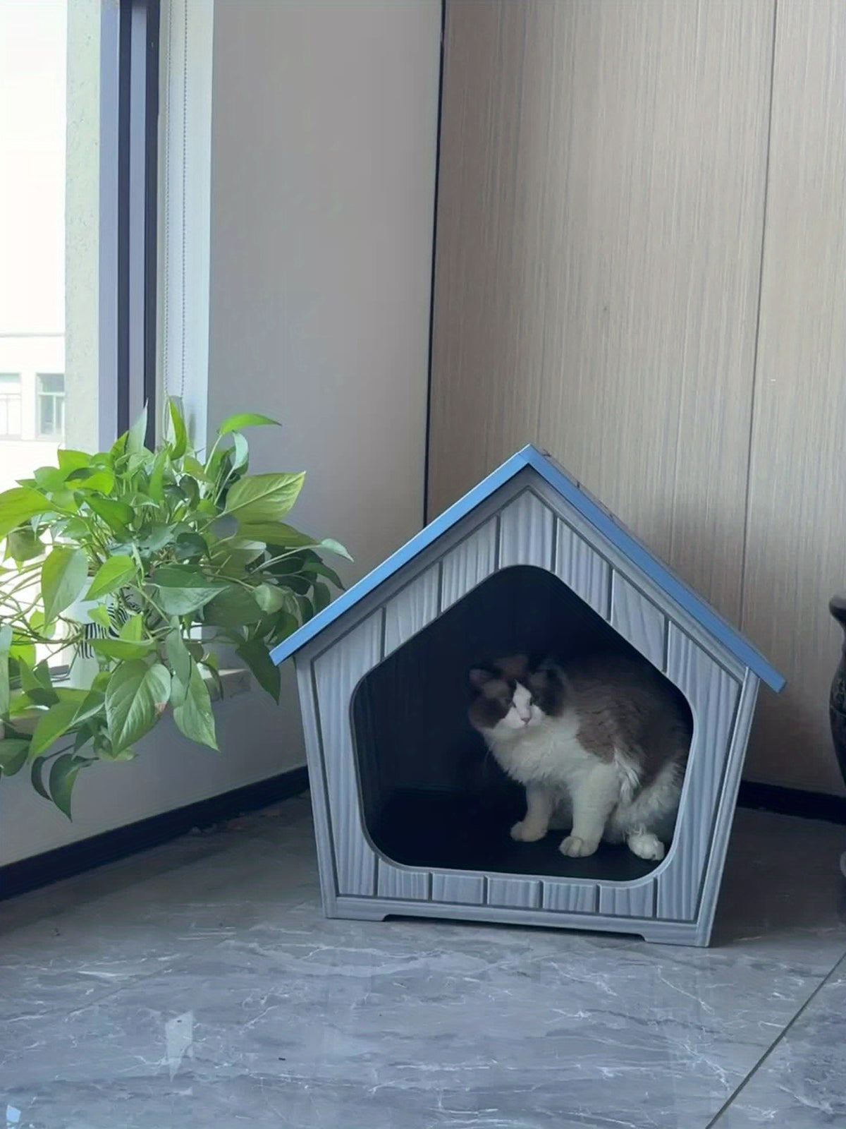 Resin Cat House with Raised Floor and Roof, XL Listed Pet Hideaway for Indoor and Sheltered Outdoor Rest, Blue or Light Brown, Assembly Required