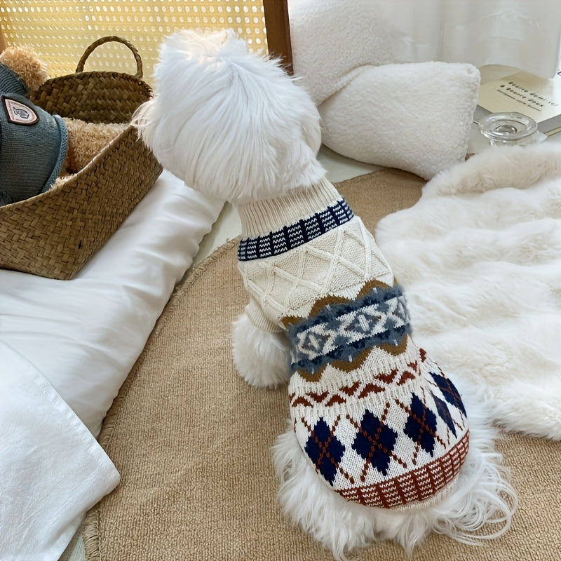 Fair Isle Dog Sweater, Cable Knit Turtleneck Winter Pullover in Beige or Blue, XS-XL Pet Clothing for Cozy Indoor Wear and Cool Weather Walks