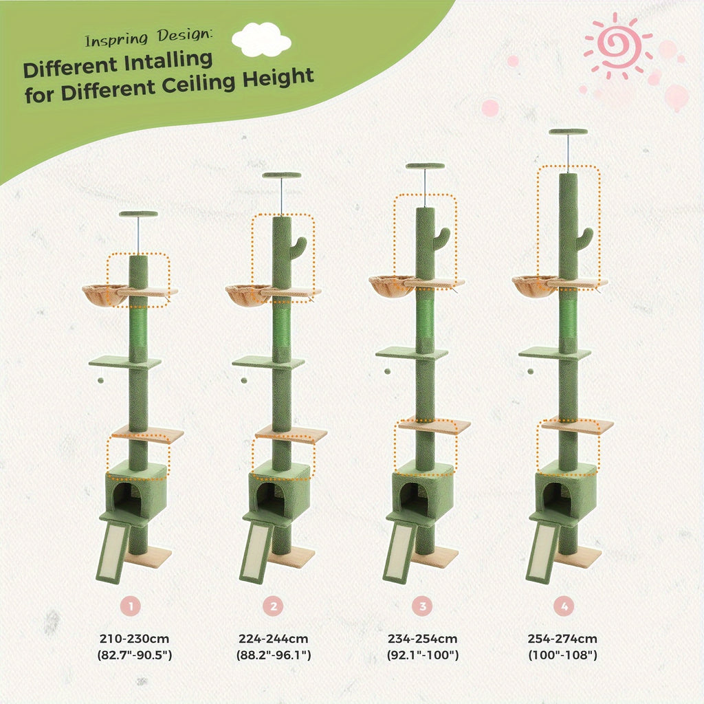 5-Tier Floor to Ceiling Cat Tree, 83–108 Inch Adjustable Indoor Cat Tower with Condo, Hammock, Scratching Post and Ladder in Seven Color Options