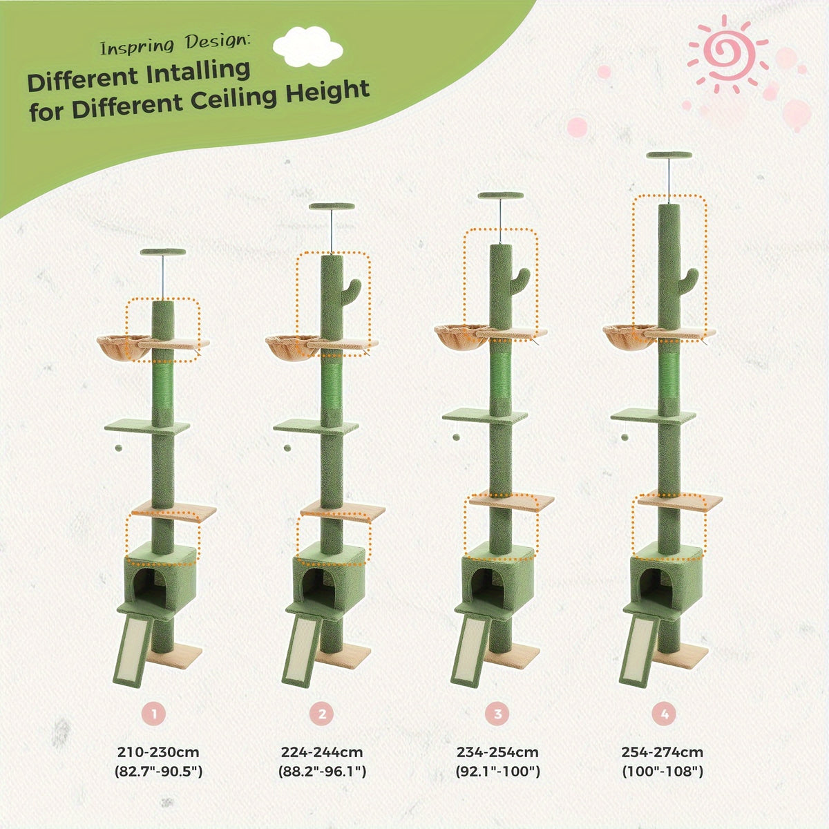 5-Tier Floor to Ceiling Cat Tree, 83–108 Inch Adjustable Indoor Cat Tower with Condo, Hammock, Scratching Post and Ladder in Seven Color Options