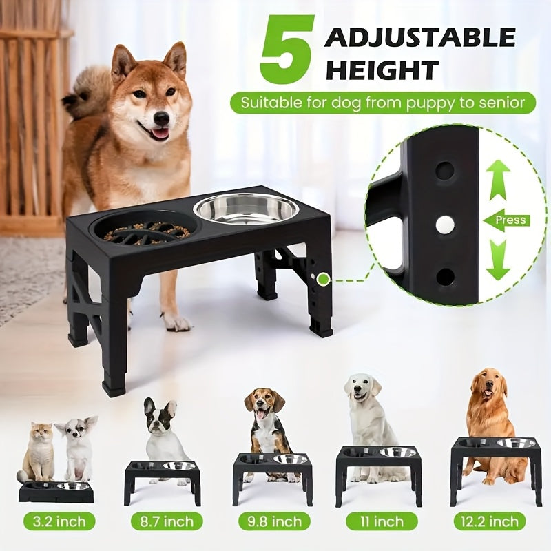 5-Height Dog Bowl Set with Foldable Adjustable Stand, Slow Feeder and Stainless Steel Bowl for Medium and Large Dogs, Black or Pink