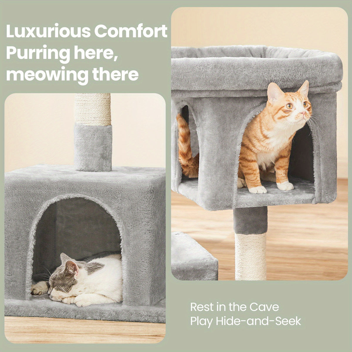 Cat Tower with Two Caves, 33.1 Inch Indoor Cat Condo with Large Perch and Scratching Post for Cats up to 16 lb, Three Neutral Color Options
