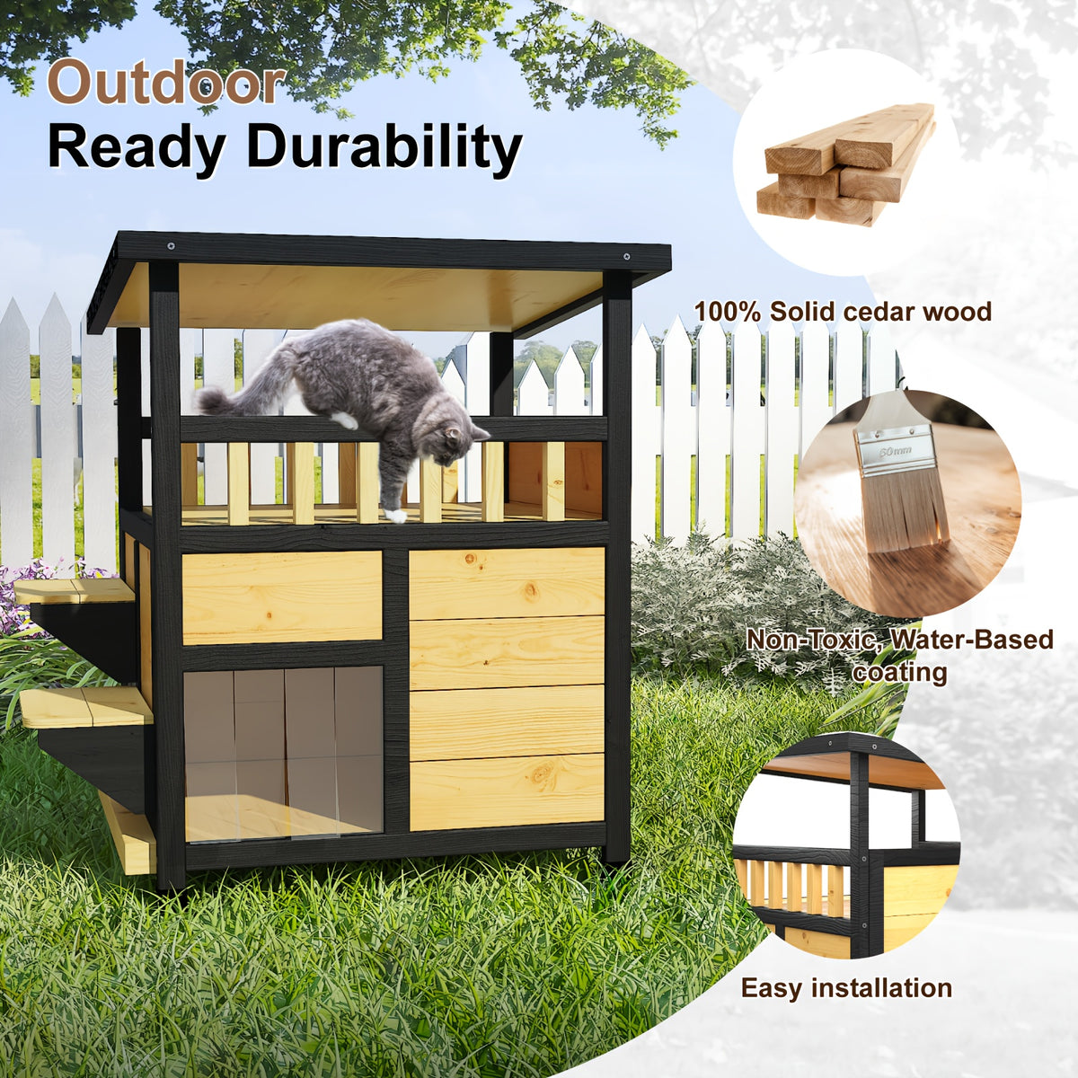 Two-Story Wooden Cat House in Yellow and Black, Indoor Pet Shelter and Apartment for Everyday Rest, Listed for Small and Medium Pets