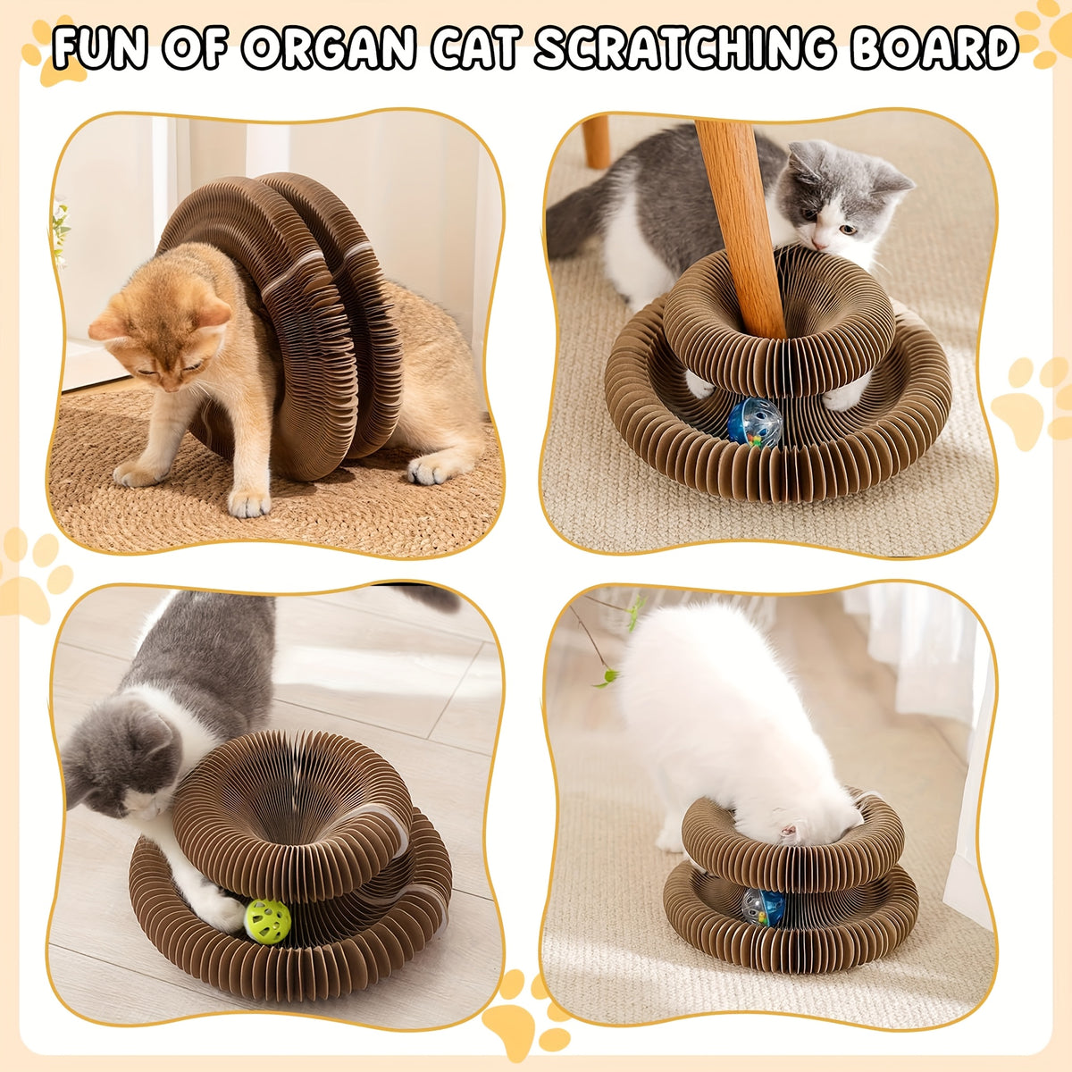 Accordion Cat Scratcher with Ball Track, Foldable Corrugated Cardboard Scratching Pad for Indoor Cats, Brown with Bell Bundle Option
